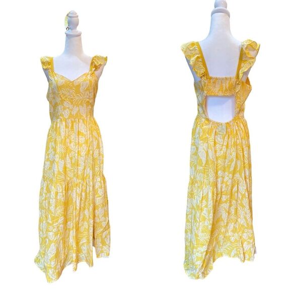 Angie Midi Dress Cap Sleeve Tiered Skirt Yellow Floral Open Back Womens Large - Picture 1 of 16
